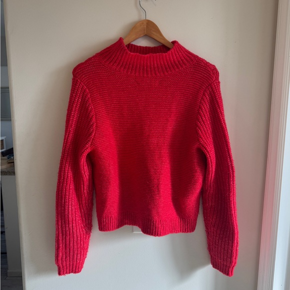 Loft Mock Neck Wool Blend Cable Knit Turtle Neck Sweater Red Large - Picture 3 of 4